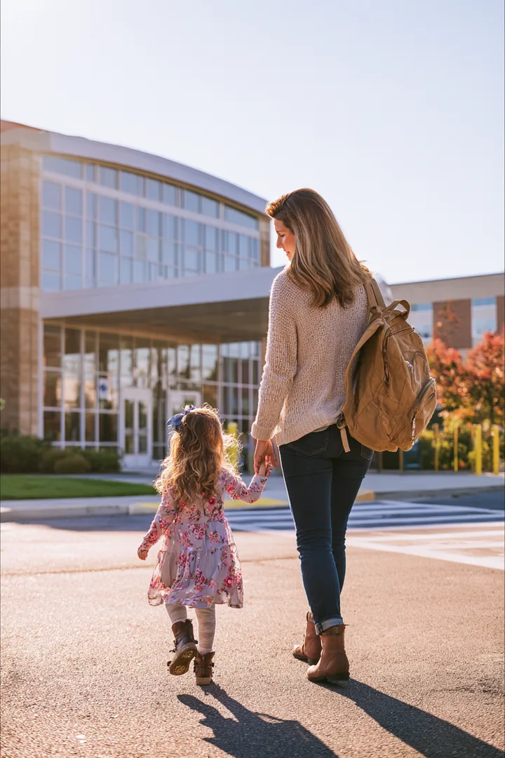 A mother in her 30s walking her young daughter to a modern school entrance on a sunny morning, from an ahead lending guide