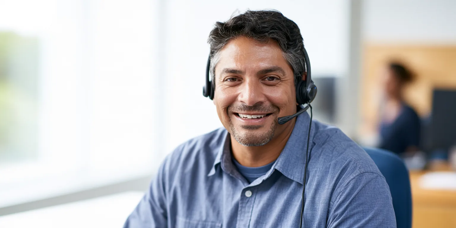 A support specialist in his 40s wearing a headset