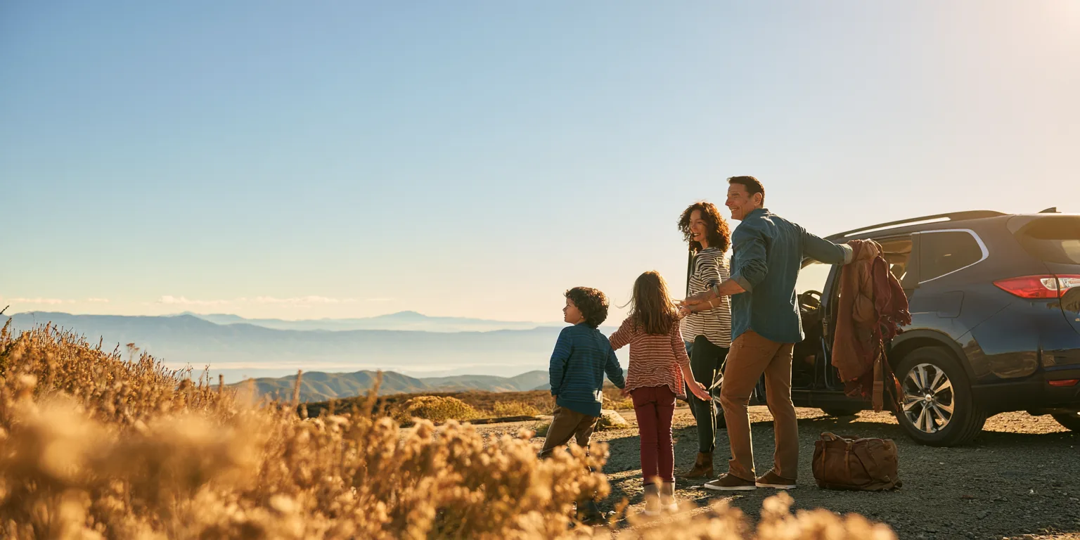 A family with two kids stretching beside their SUV at a scenic highway rest stop