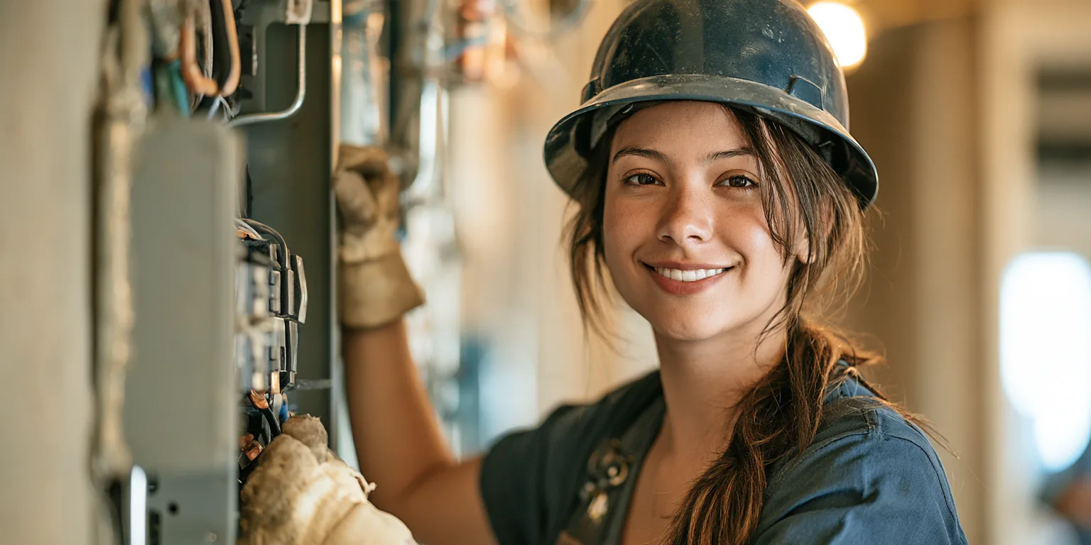 An electrician in her 30s inspecting a breaker panel in a new building
