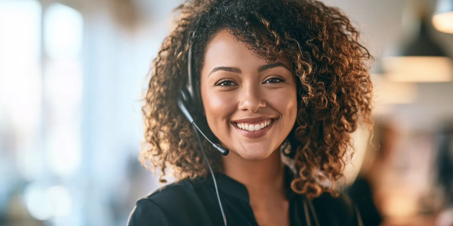 A customer support specialist in her 20s wearing a headset