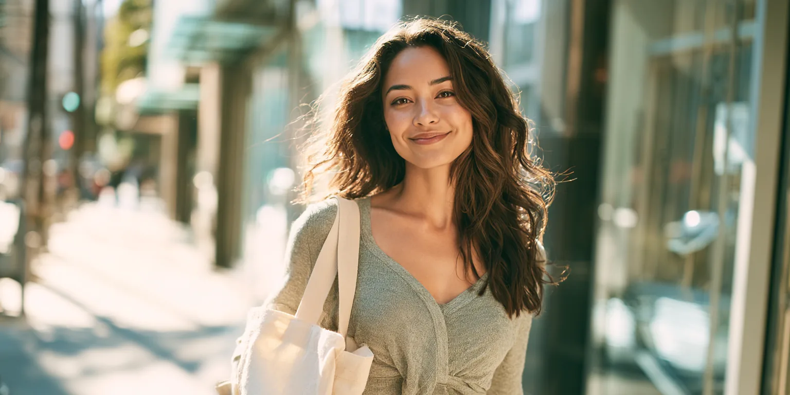 A confident woman in her 30s striding along a sunlit downtown sidewalk lined with modern glass storefronts