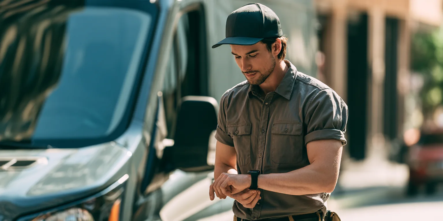 A delivery driver in his 20s checking his smartwatch beside his van on a city street