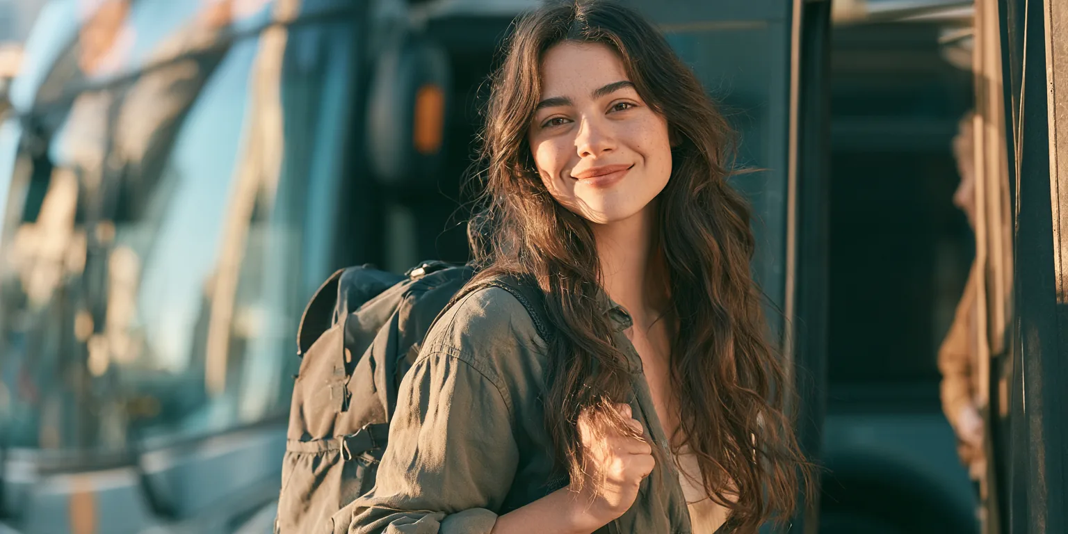 A woman in her 30s stepping off a modern city bus with a backpack
