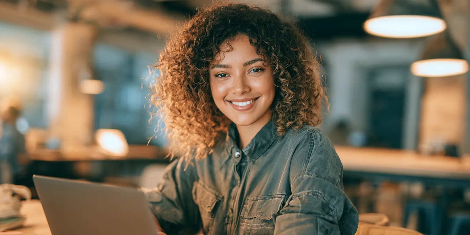 A young woman in her 20s working on a laptop at a bright co-working space