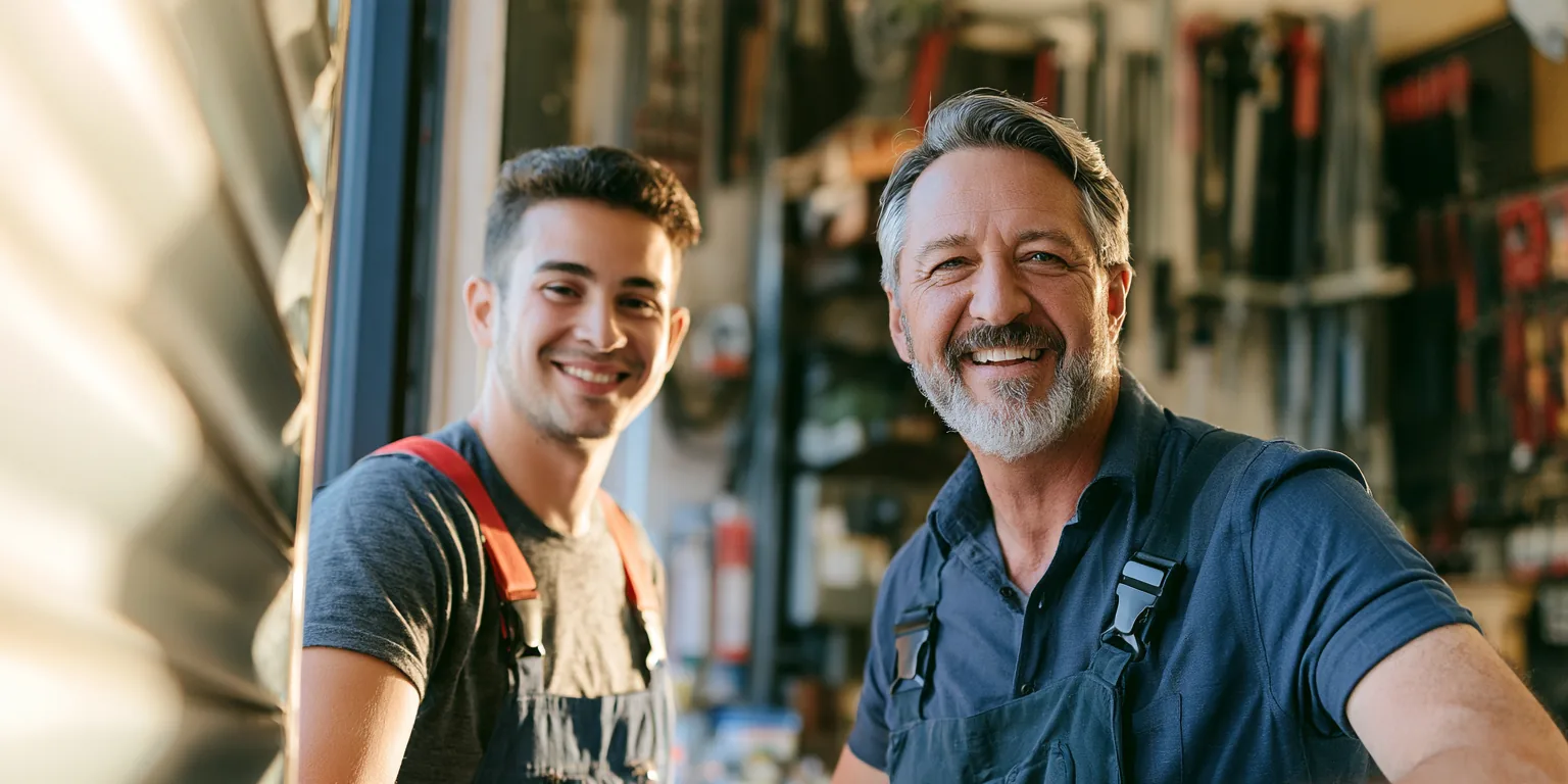 A father in his 50s and his son in his 20s rolling up the shutter of their family hardware store at opening time