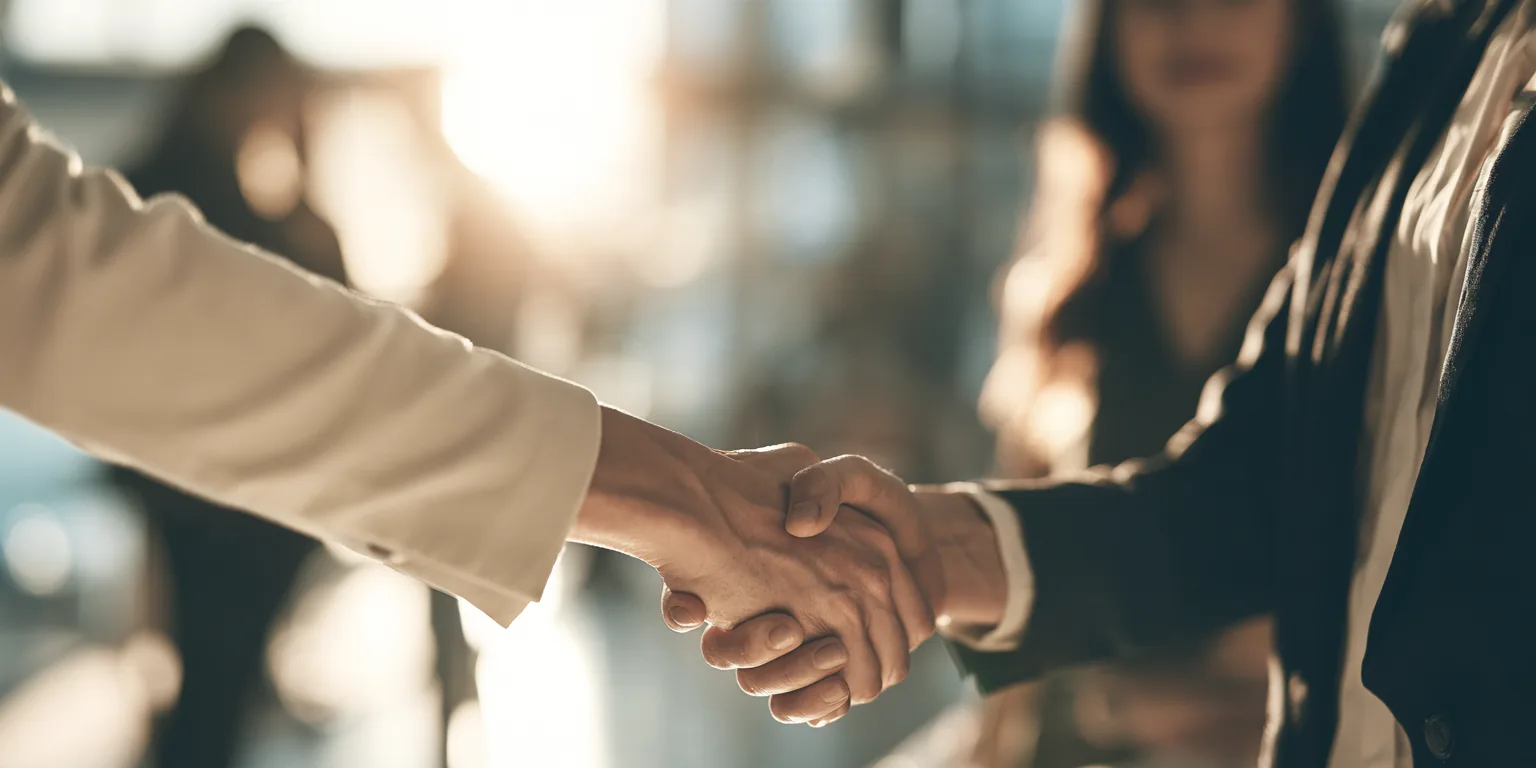 A handshake between two professionals in a sunlit modern lobby